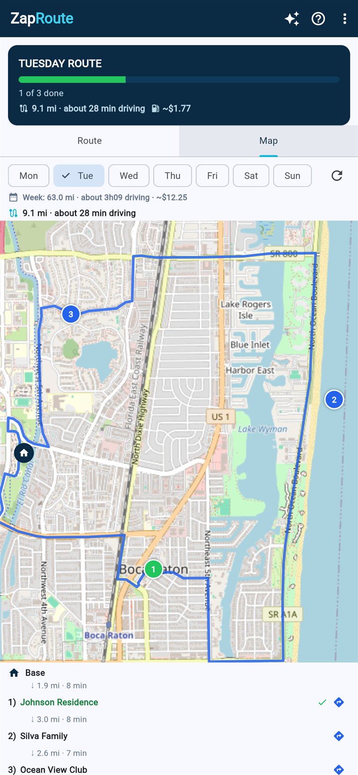 Route map with numbered pins and the real driving path