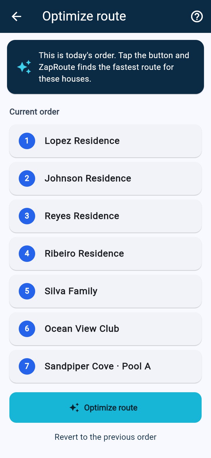 Optimize route: today's order, one button, revert