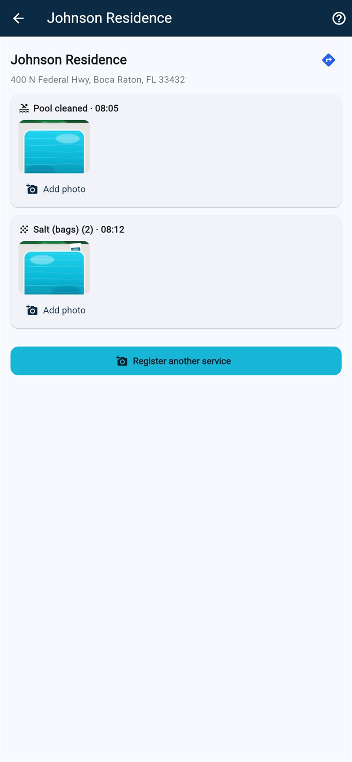 Register service screen: one photo per service