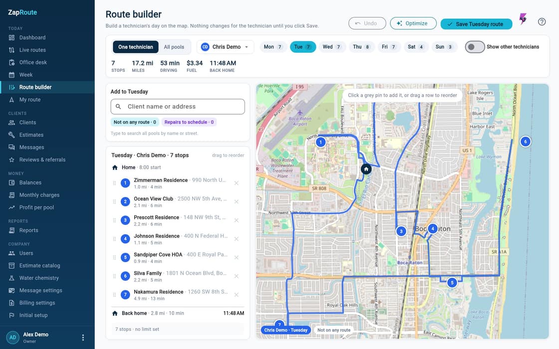Route builder: the map with every pool, the day's stops and the order the technician really drives