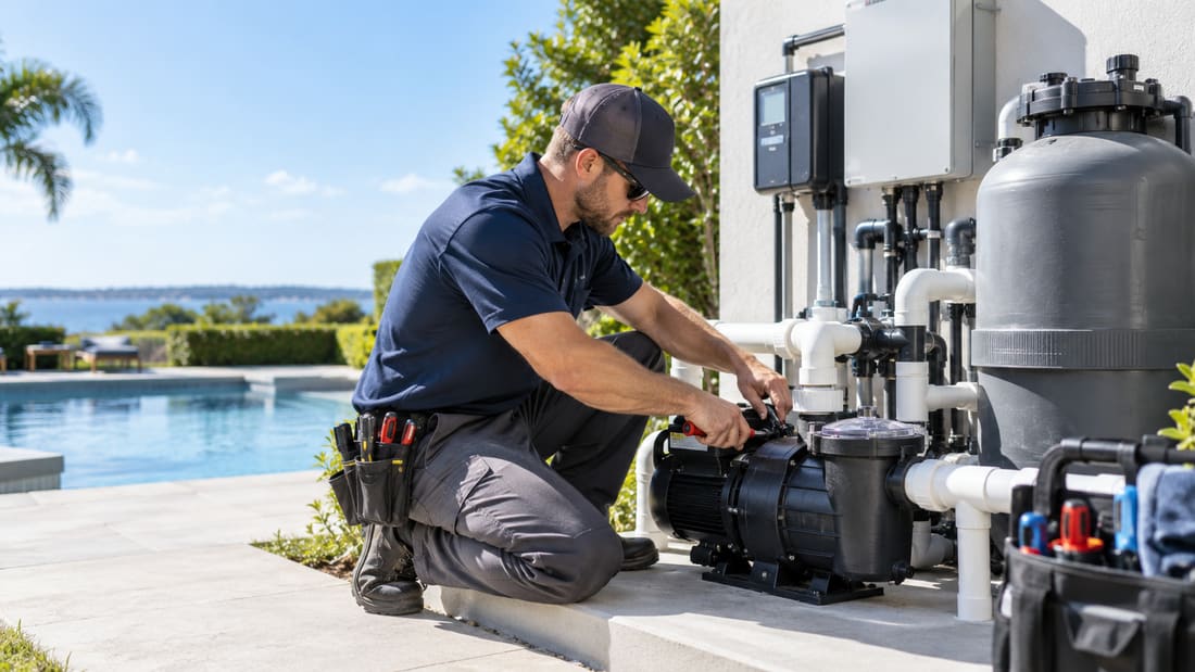 Pool technician adjusting the pump next to the filter