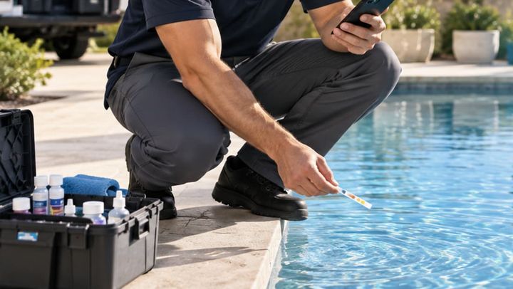 Technician dipping the test strip in the pool, phone in the other hand