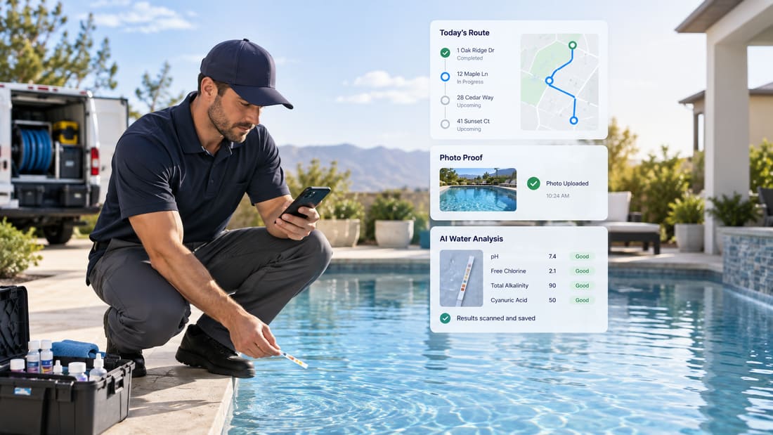 Technician holding the test strip and the phone at the edge of the pool