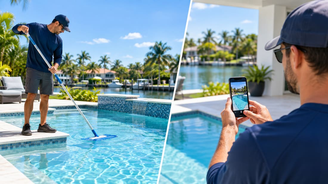 On one side the technician brushing the pool, on the other photographing the finished job