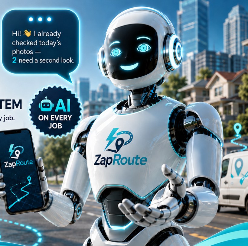 ZapRoute AI assistant holding a phone showing the route, reviewing field-service photos